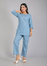 White motifs on Blue Cotton Lounge Set for Women