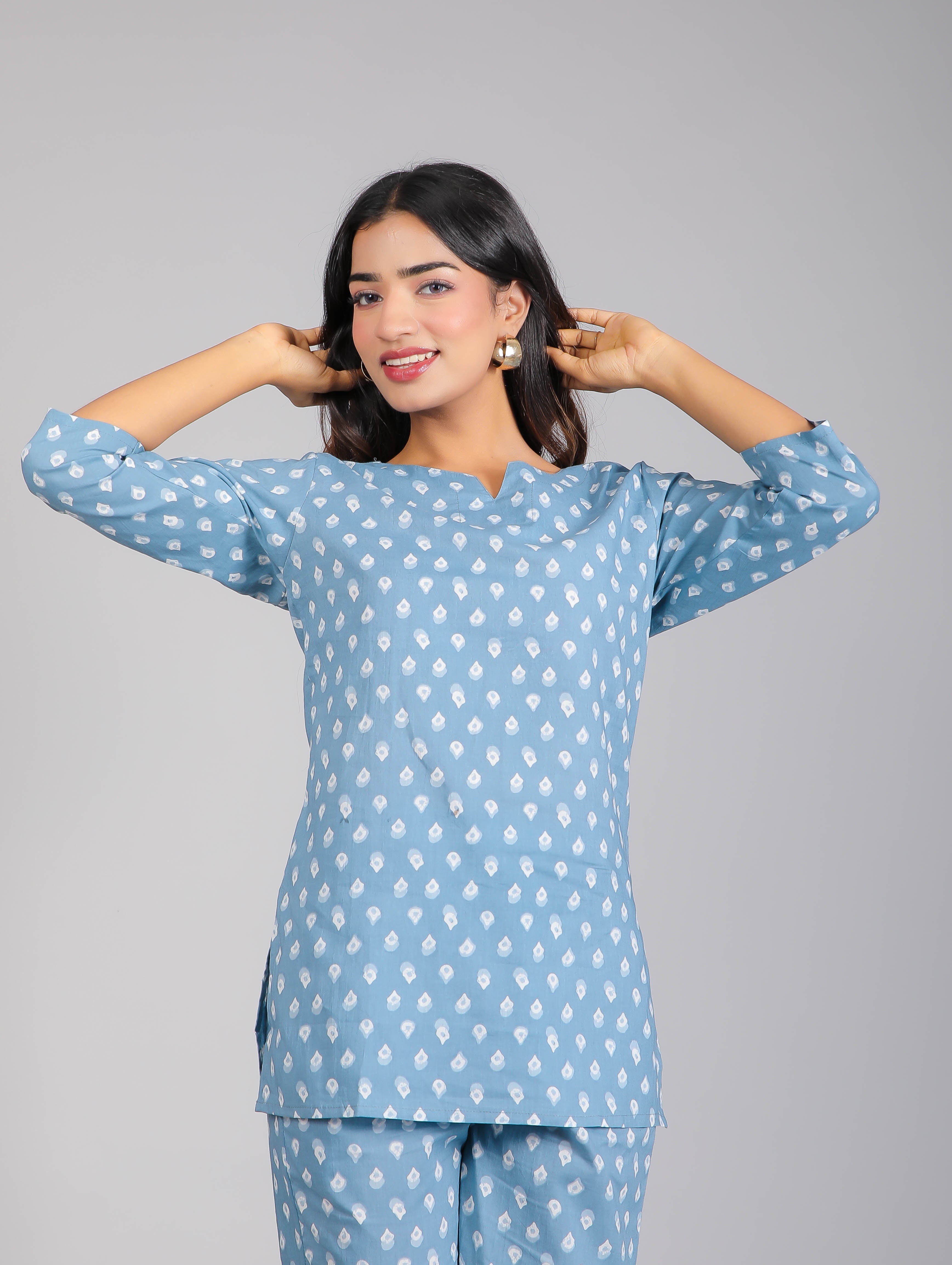 White motifs on Blue Cotton Lounge Set for Women