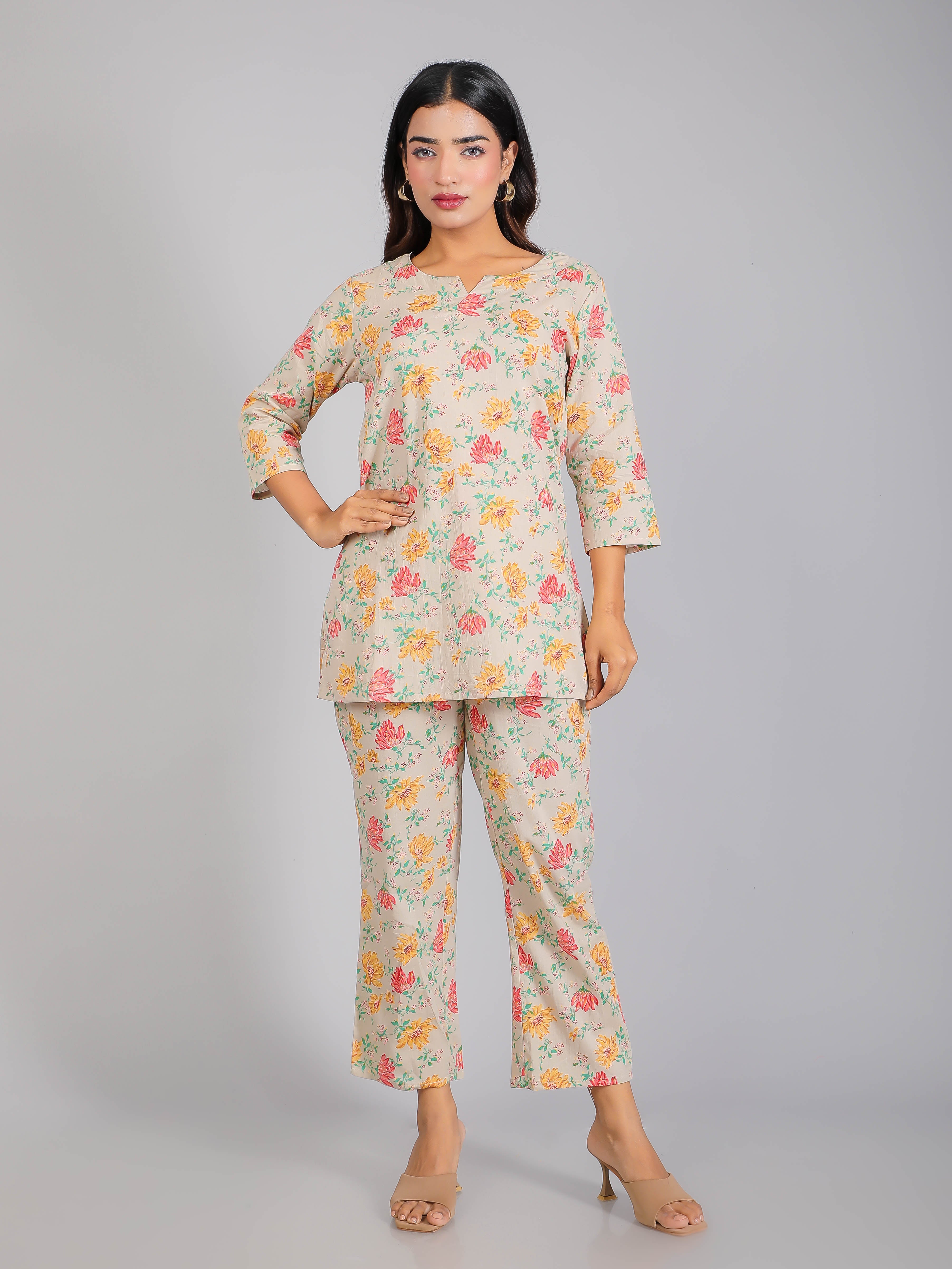 Floral Print on Grey Cotton Lounge Set for Women