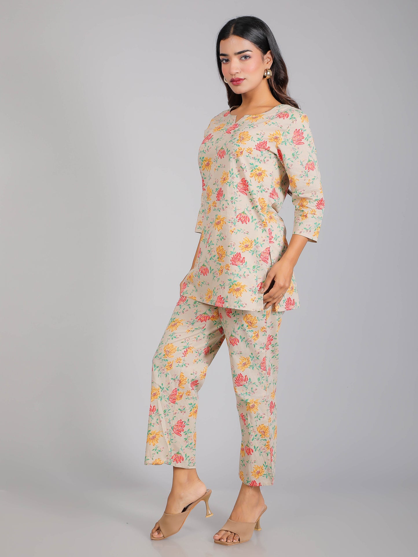 Floral Print on Grey Cotton Lounge Set for Women