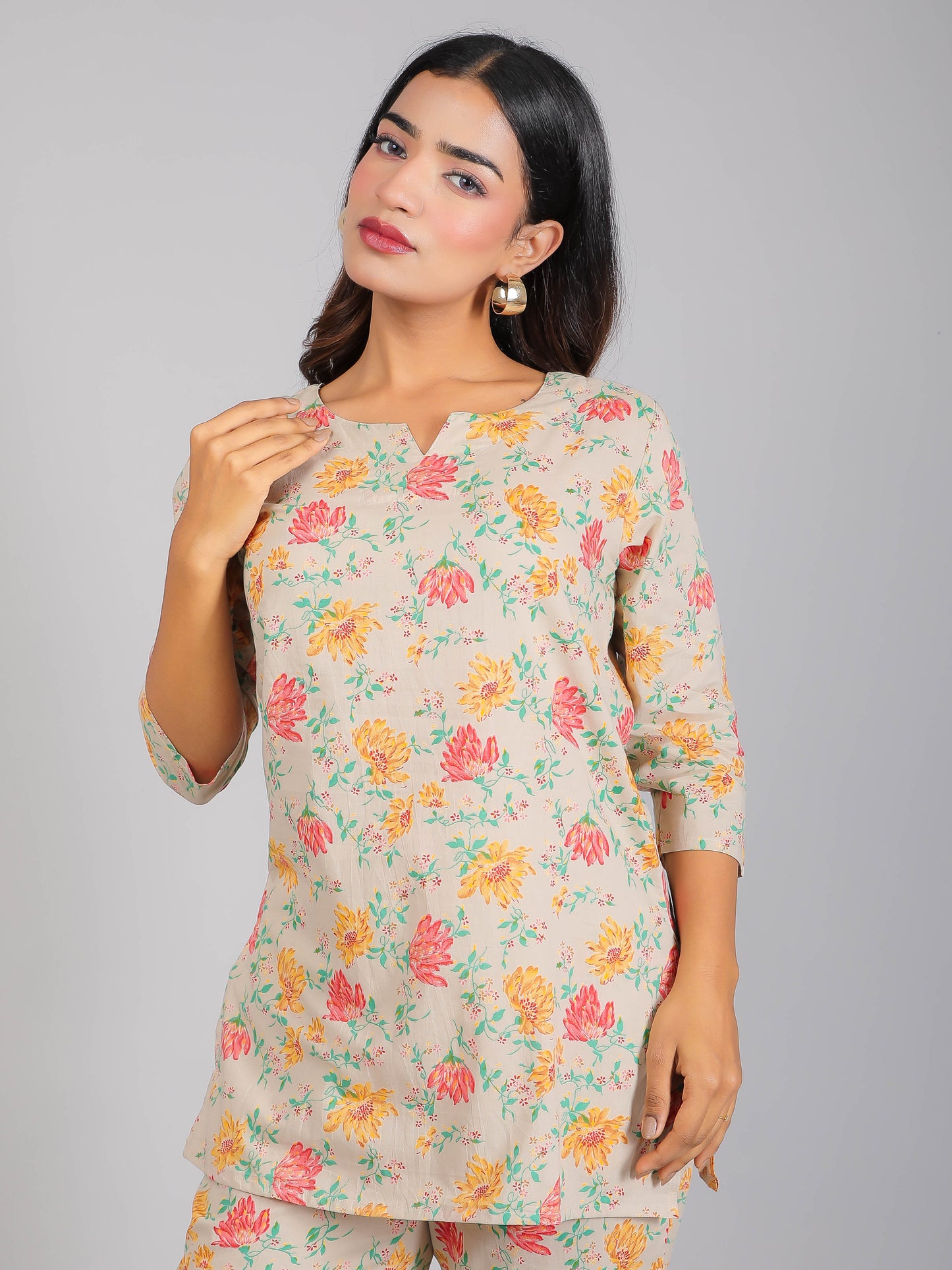 Floral Print on Grey Cotton Lounge Set for Women