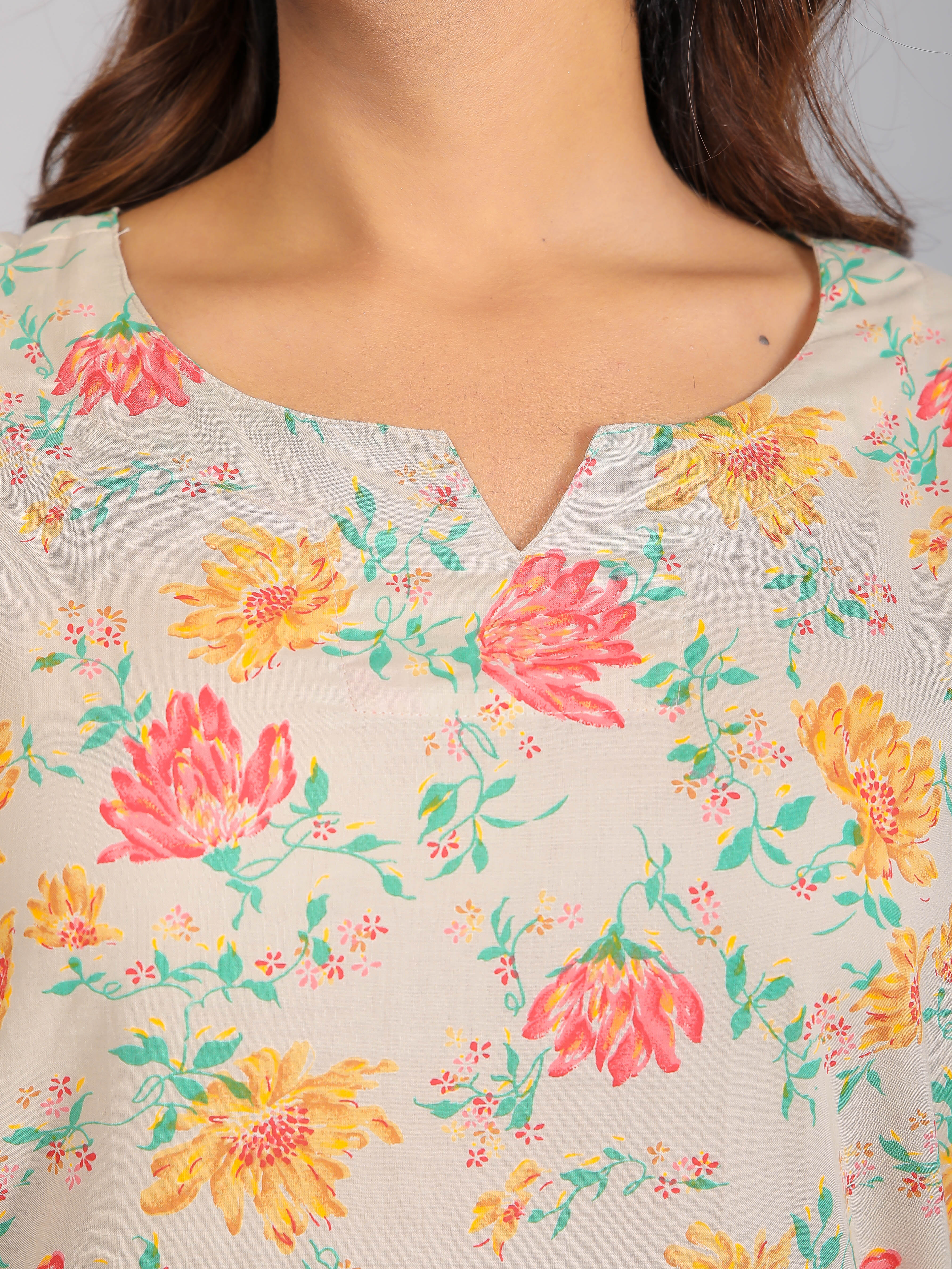 Floral Print on Grey Cotton Lounge Set for Women