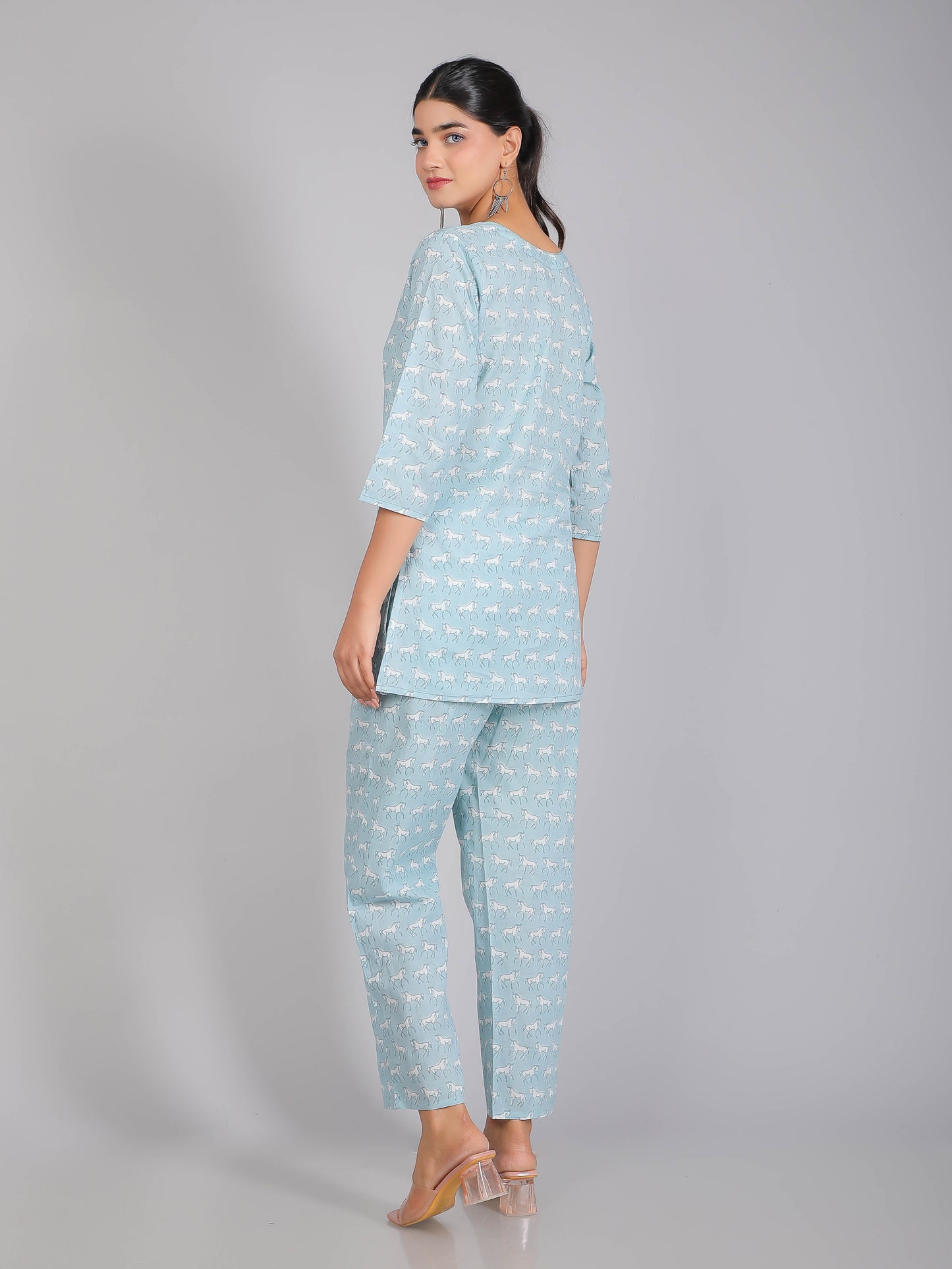 White Horse on Blue Cotton Lounge Set for Women