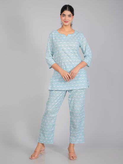 White Horse on Blue Cotton Lounge Set for Women