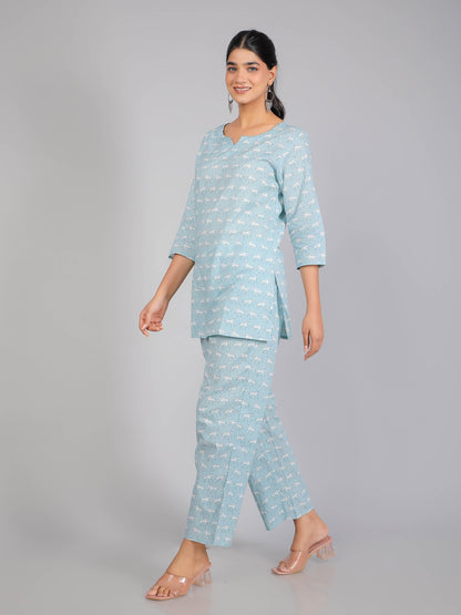 White Horse on Blue Cotton Lounge Set for Women