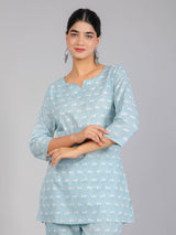 White Horse on Blue Cotton Lounge Set for Women