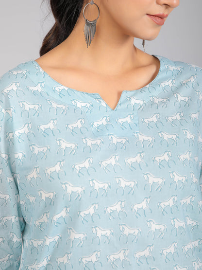 White Horse on Blue Cotton Lounge Set for Women