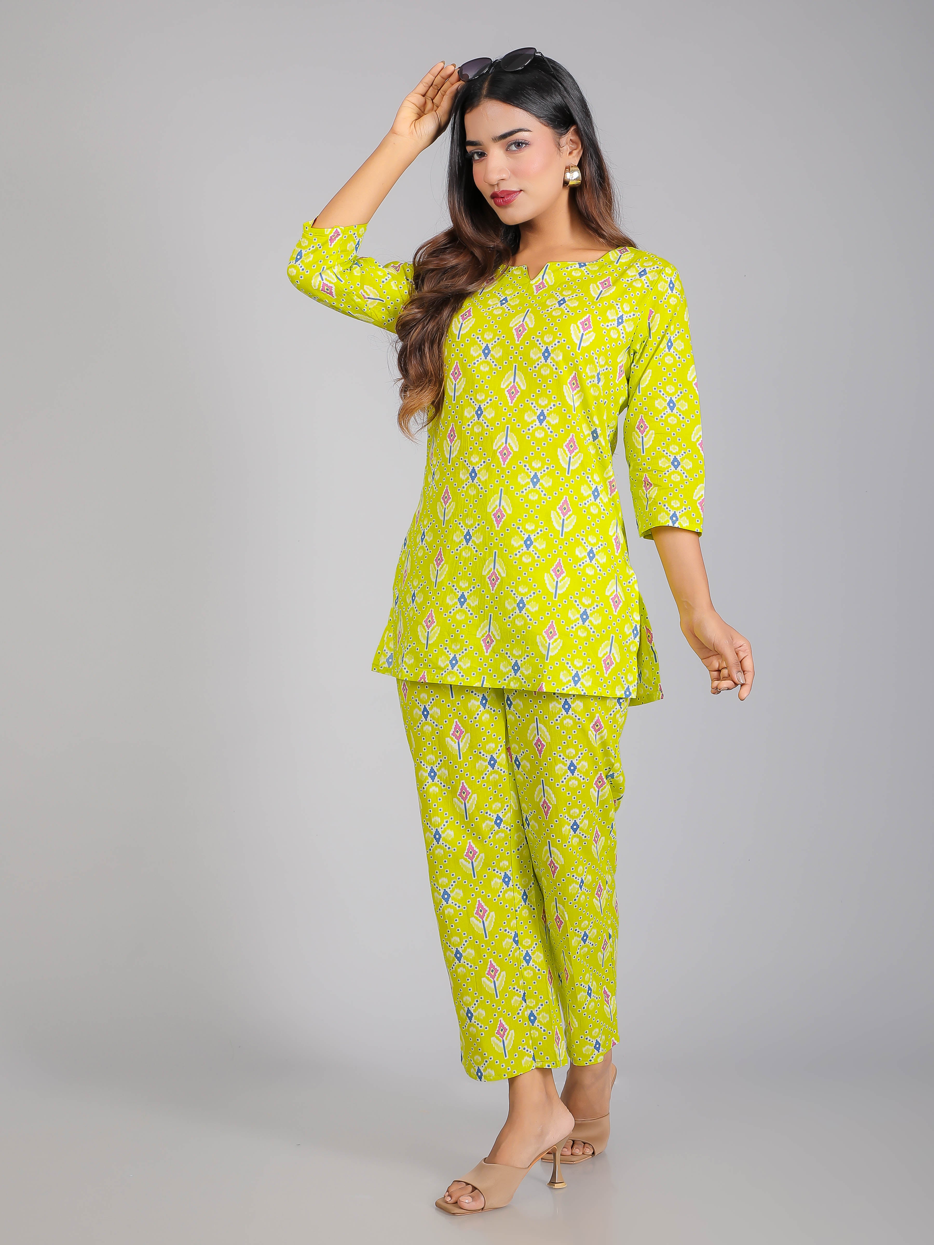 Purple Motifs on Green Cotton Lounge Set for Women