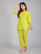 Purple Motifs on Green Cotton Lounge Set for Women