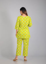 Purple Motifs on Green Cotton Lounge Set for Women