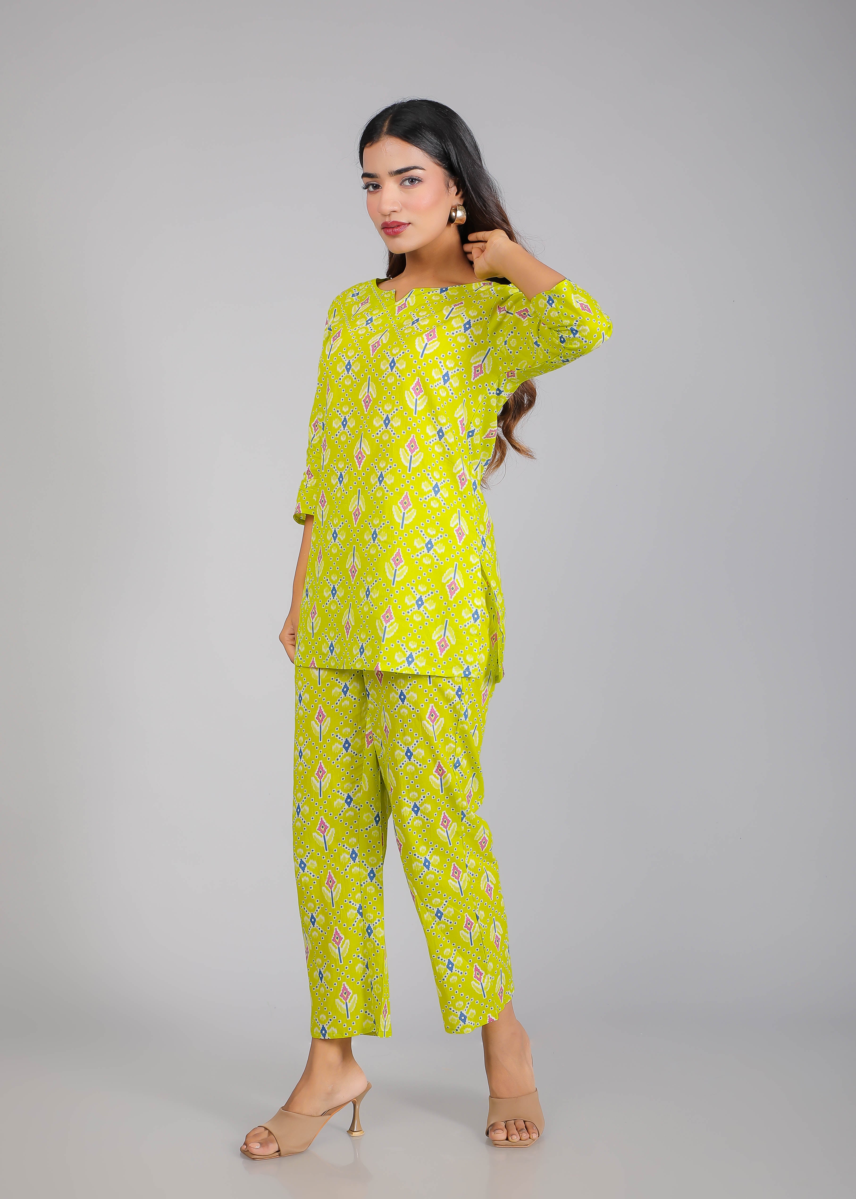 Purple Motifs on Green Cotton Lounge Set for Women