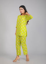 Purple Motifs on Green Cotton Lounge Set for Women
