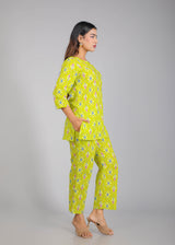 Purple Motifs on Green Cotton Lounge Set for Women
