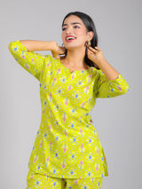 Purple Motifs on Green Cotton Lounge Set for Women