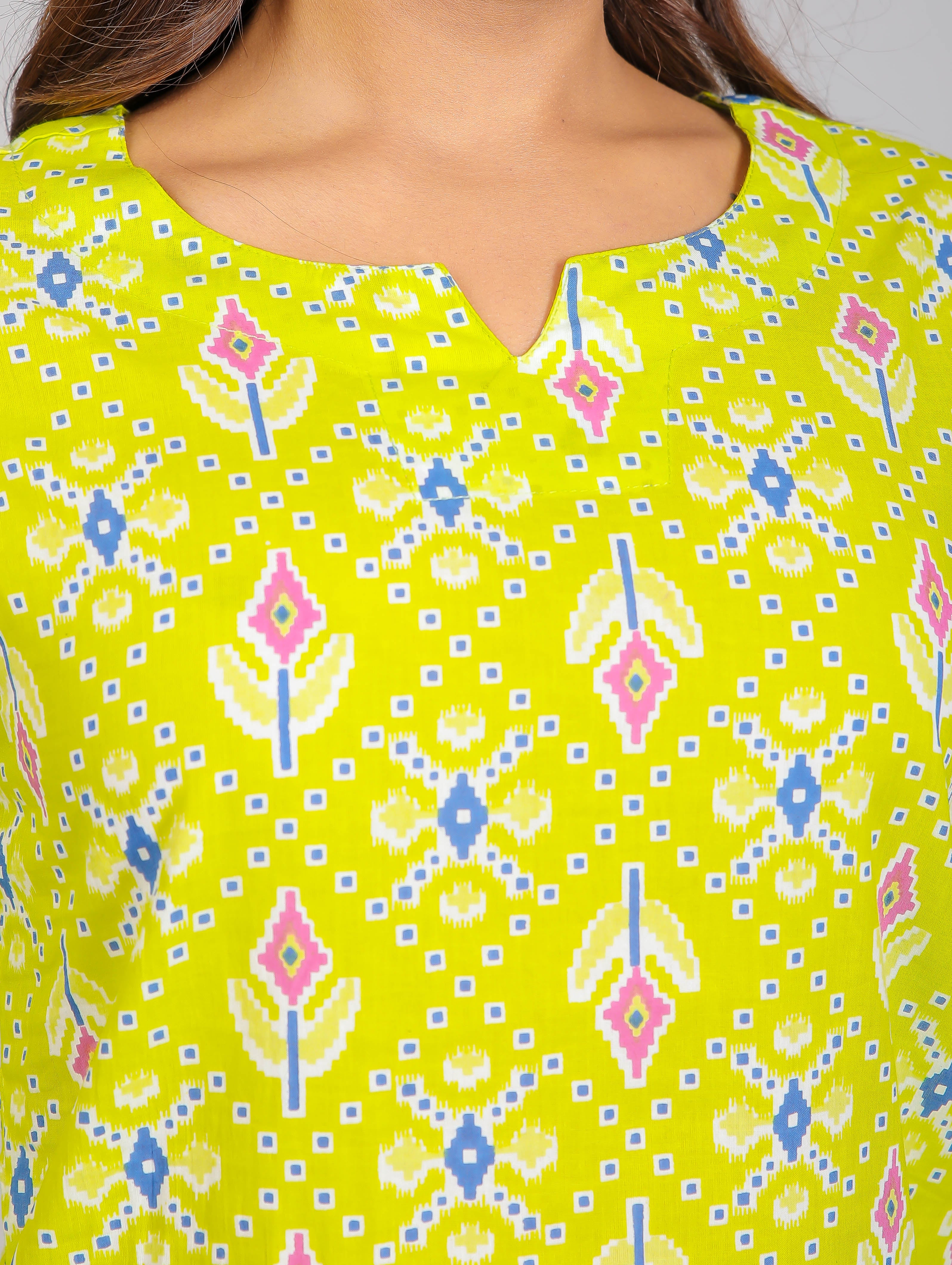 Purple Motifs on Green Cotton Lounge Set for Women