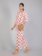 Pink Floral Motifs on Cream Cotton Lounge Set for Women