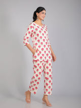 Pink Floral Motifs on Cream Cotton Lounge Set for Women