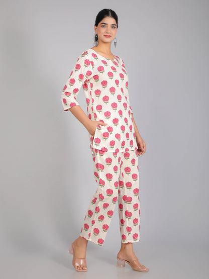 Pink Floral Motifs on Cream Cotton Lounge Set for Women