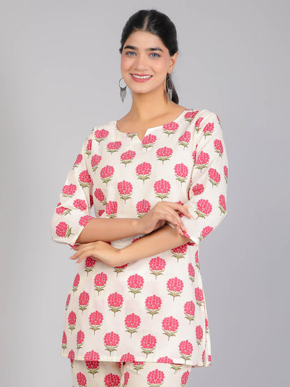 Pink Floral Motifs on Cream Cotton Lounge Set for Women