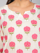 Pink Floral Motifs on Cream Cotton Lounge Set for Women