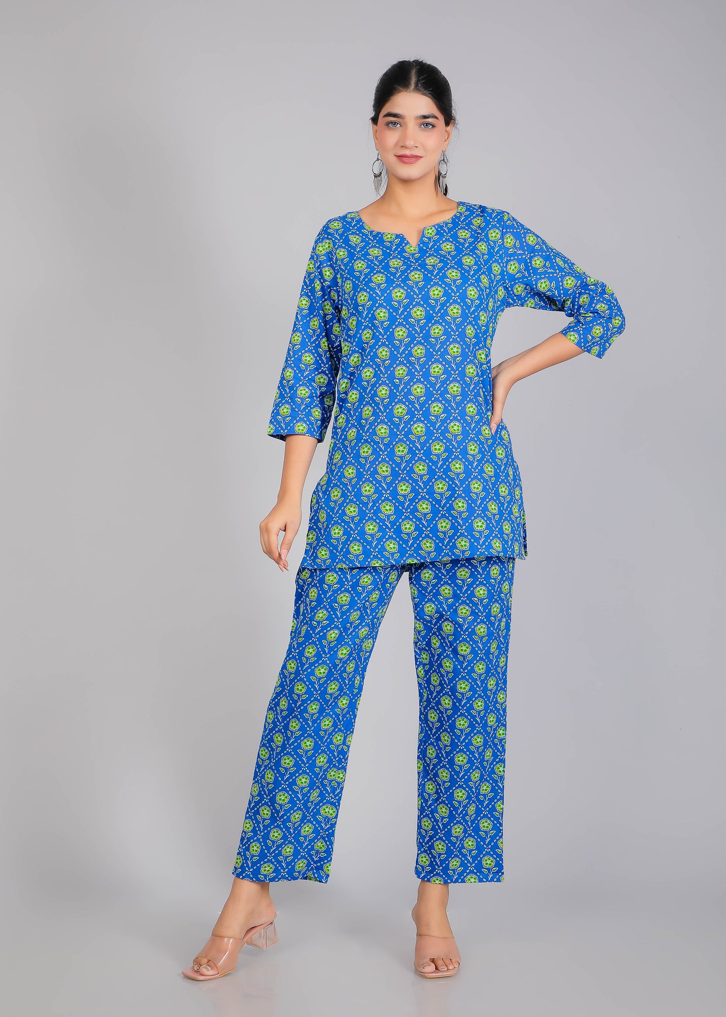 Green & Blue Cotton Lounge Set for Women