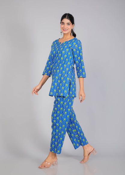 Green & Blue Cotton Lounge Set for Women