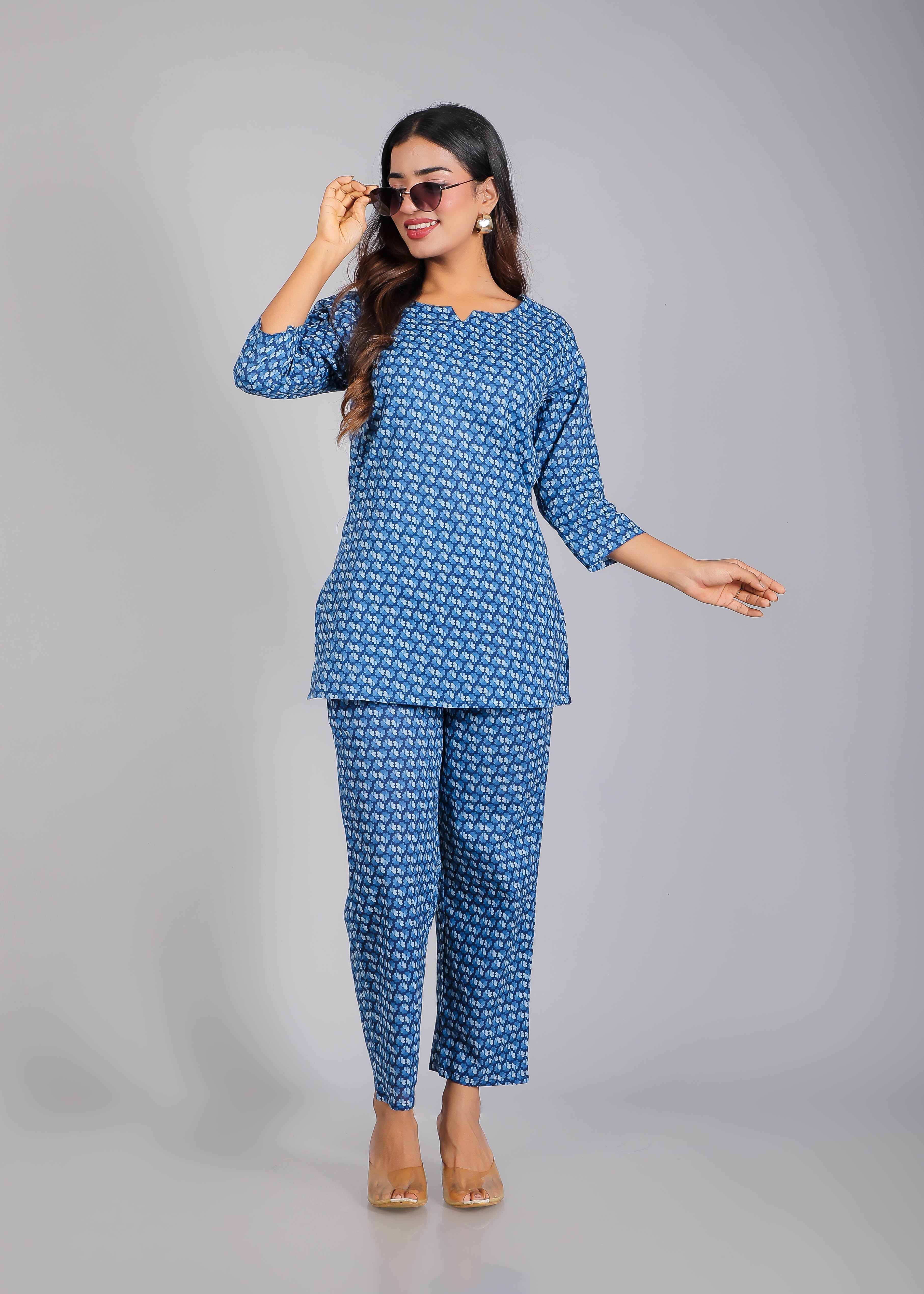 Blue & White Cotton Lounge Set for Women