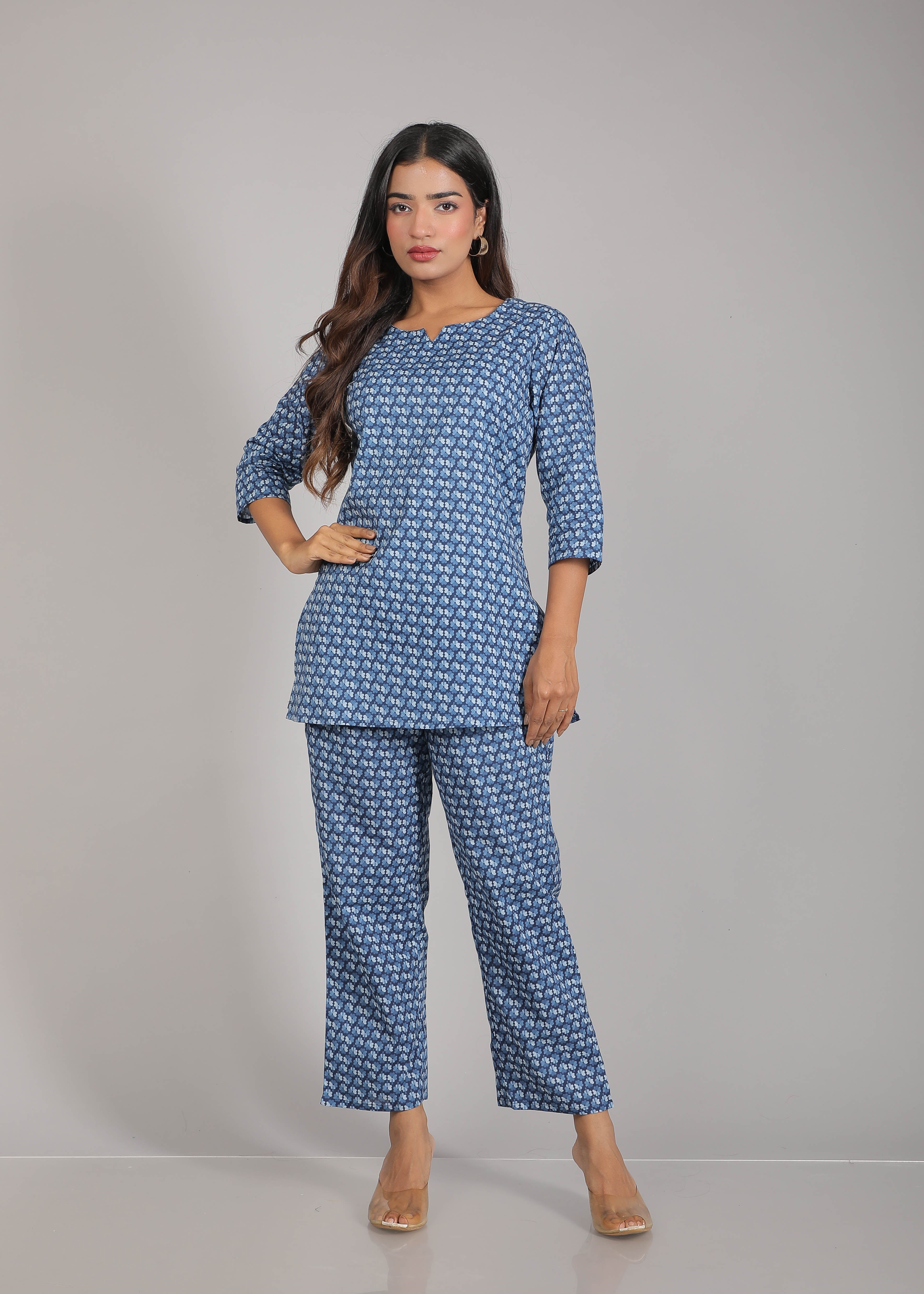 Blue & White Cotton Lounge Set for Women