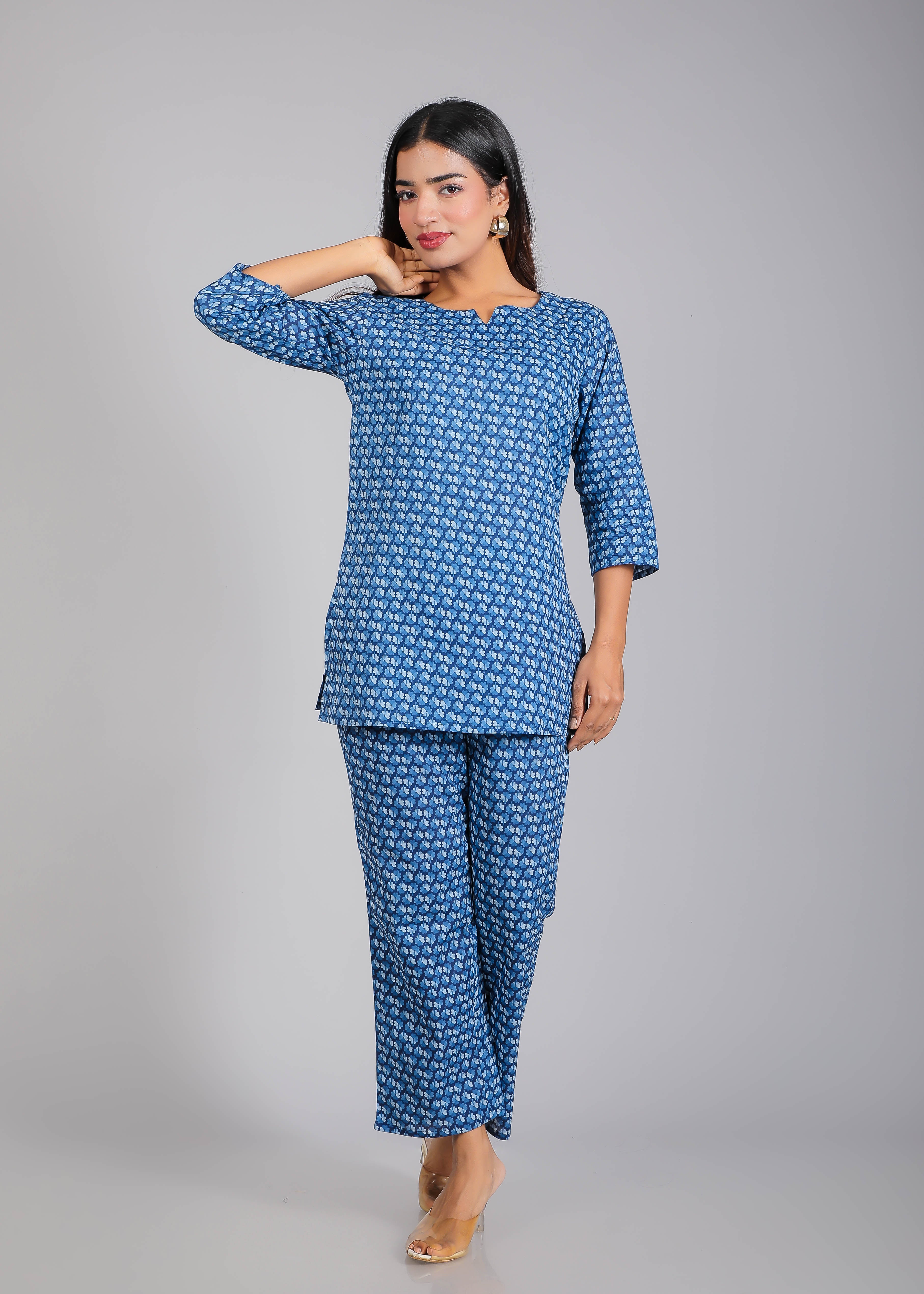 Blue & White Cotton Lounge Set for Women