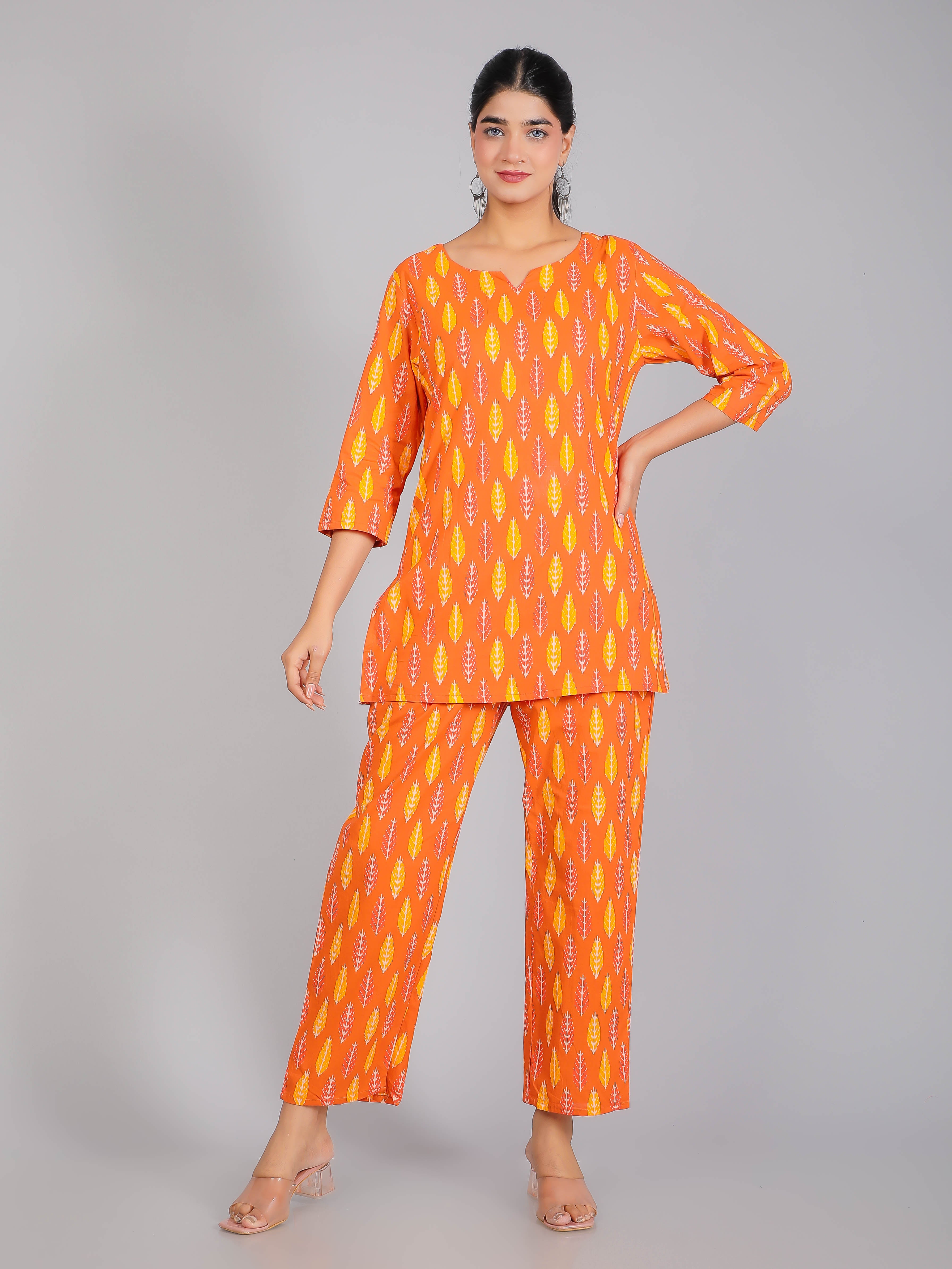 Rust Orange & Yellow Cotton Lounge Set for Women