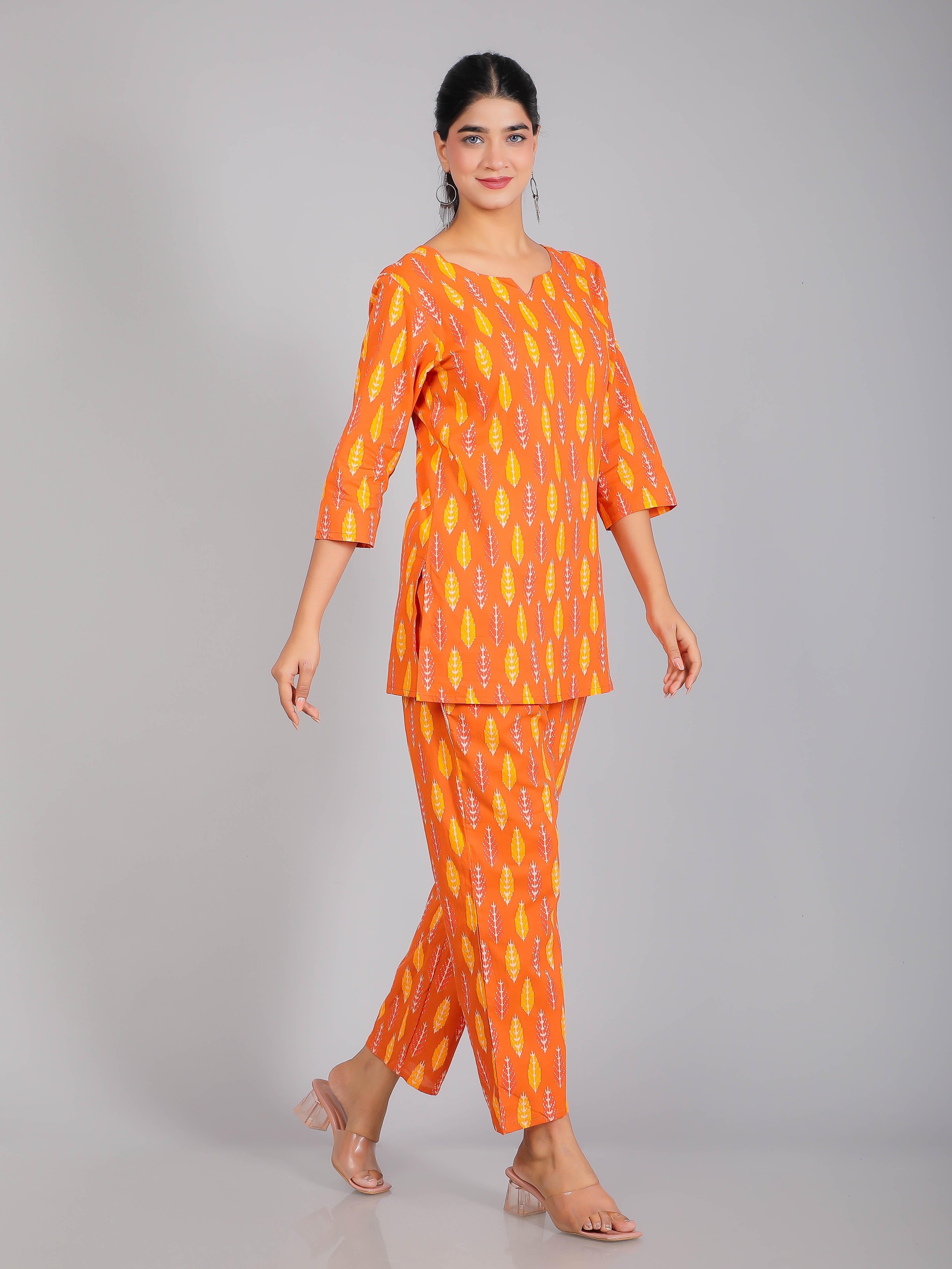 Rust Orange & Yellow Cotton Lounge Set for Women