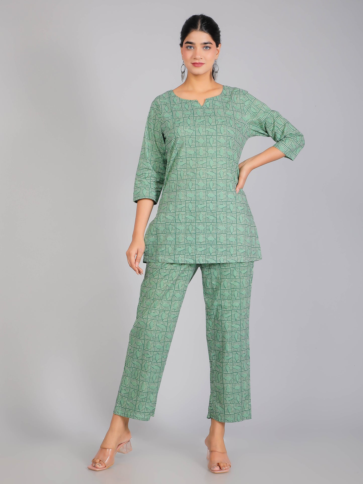 Abstract Print Green Cotton Lounge Set for Women