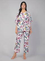 Purple Floral Motifs on White Cotton Kaftan Top Pant Set