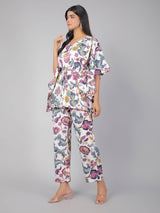 Purple Floral Motifs on White Cotton Kaftan Top Pant Set