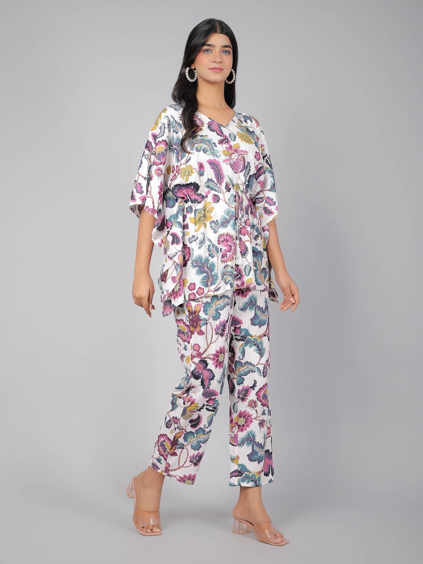 Purple Floral Motifs on White Cotton Kaftan Top Pant Set