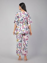 Purple Floral Motifs on White Cotton Kaftan Top Pant Set