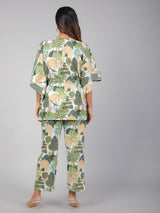 Peacock on Branch Print on Green Cotton Kaftan Top Pant Set