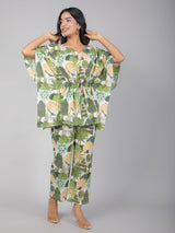 Peacock on Branch Print on Green Cotton Kaftan Top Pant Set