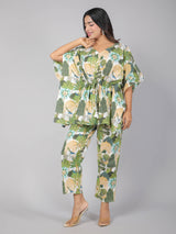 Peacock on Branch Print on Green Cotton Kaftan Top Pant Set