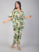 Peacock on Branch Print on Green Cotton Kaftan Top Pant Set