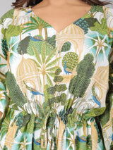 Peacock on Branch Print on Green Cotton Kaftan Top Pant Set