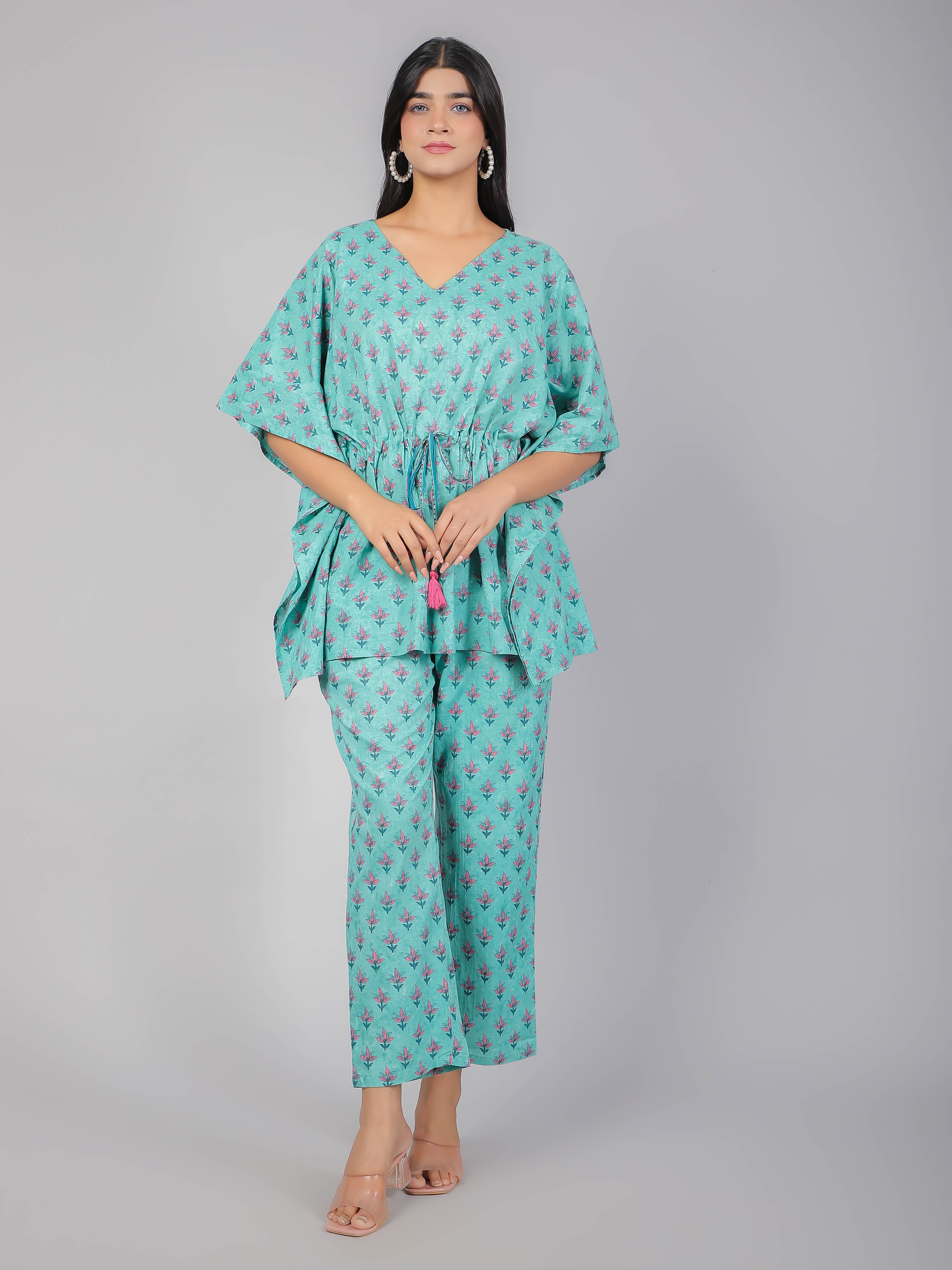 Pink Motifs on Teal Cotton Kaftan Top Pant Set