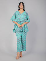 Pink Motifs on Teal Cotton Kaftan Top Pant Set