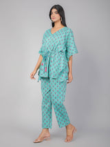 Pink Motifs on Teal Cotton Kaftan Top Pant Set