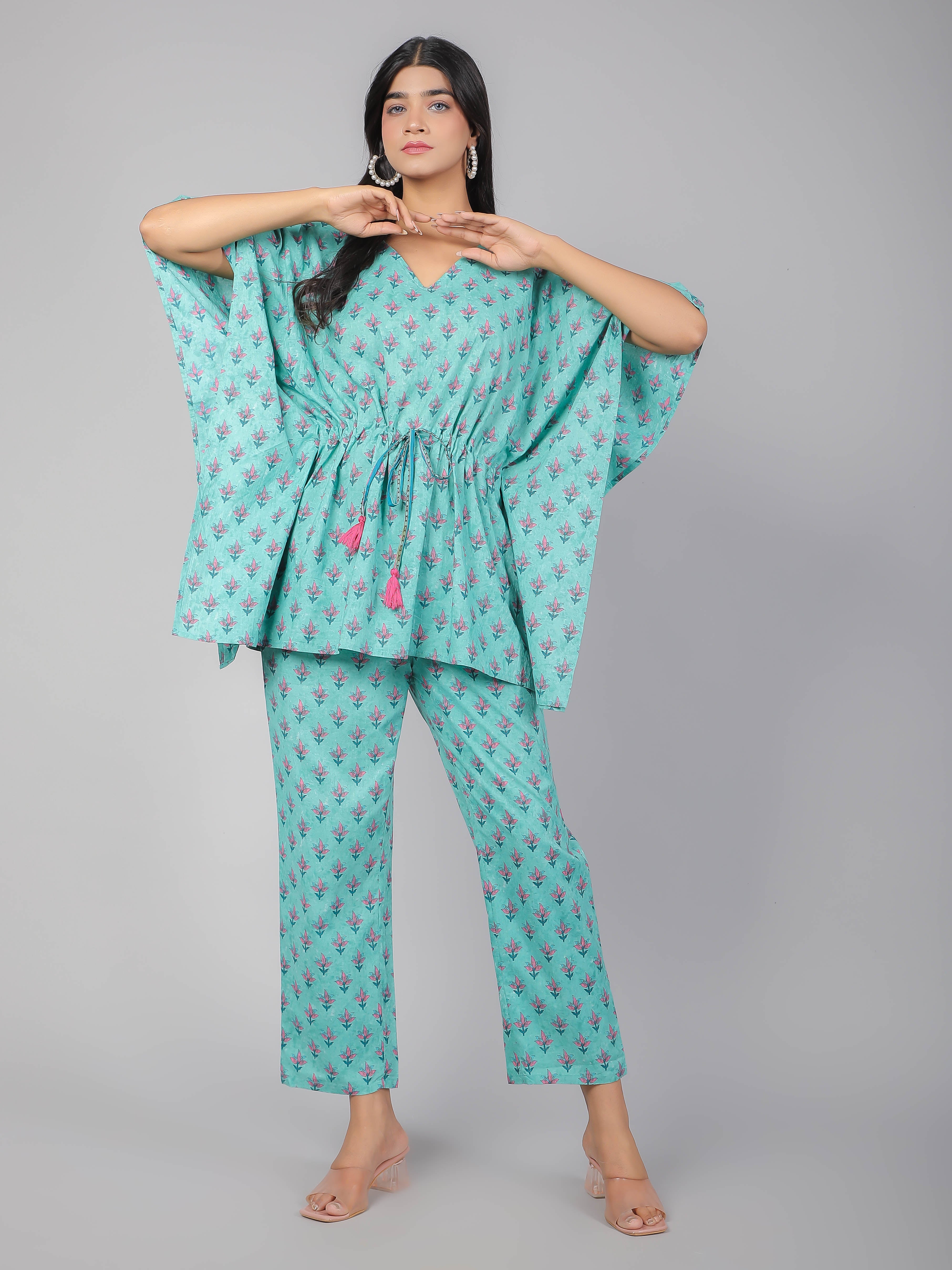 Pink Motifs on Teal Cotton Kaftan Top Pant Set