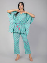 Pink Motifs on Teal Cotton Kaftan Top Pant Set