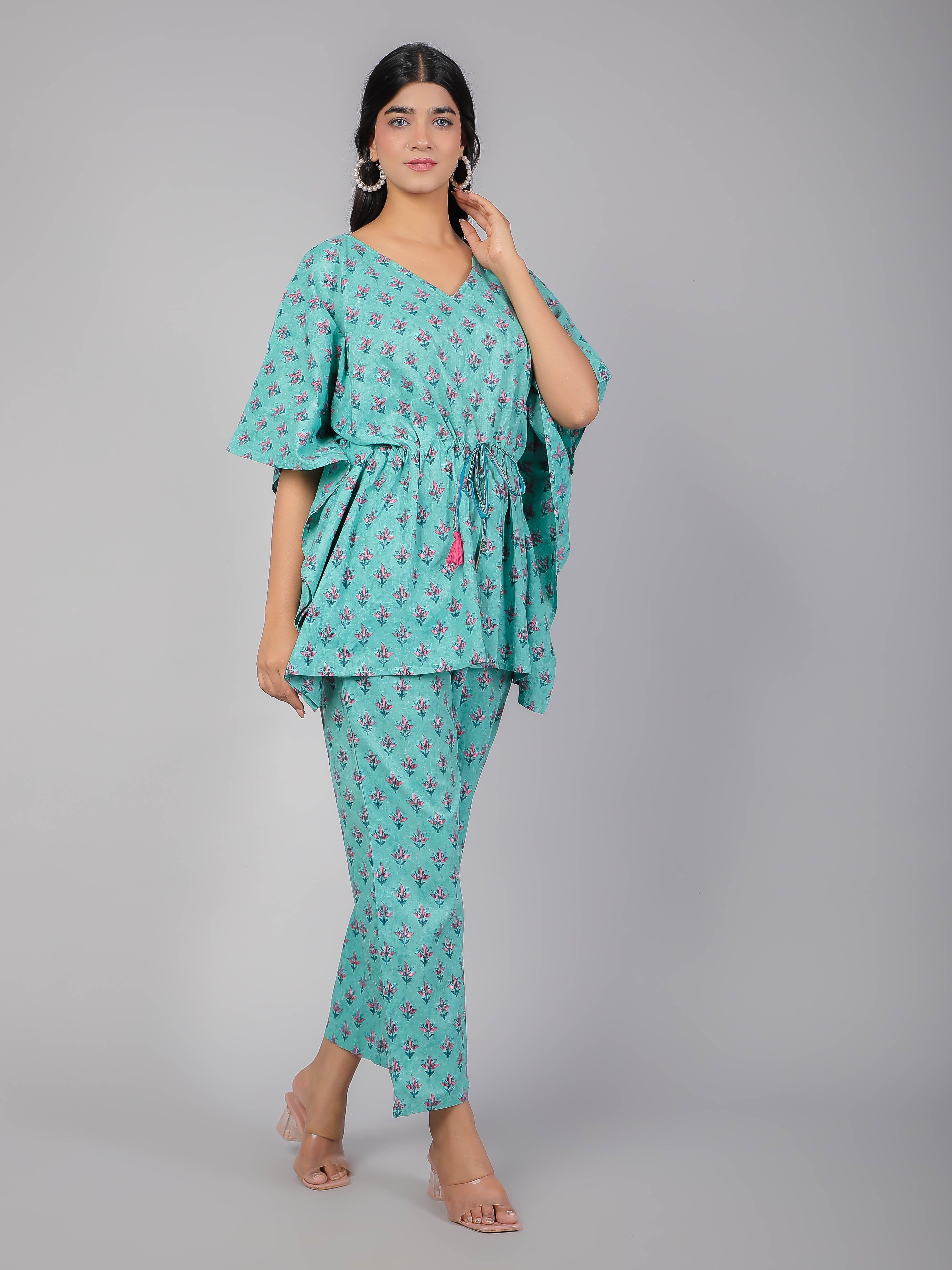 Pink Motifs on Teal Cotton Kaftan Top Pant Set