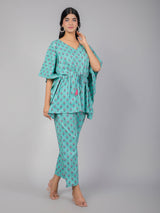 Pink Motifs on Teal Cotton Kaftan Top Pant Set