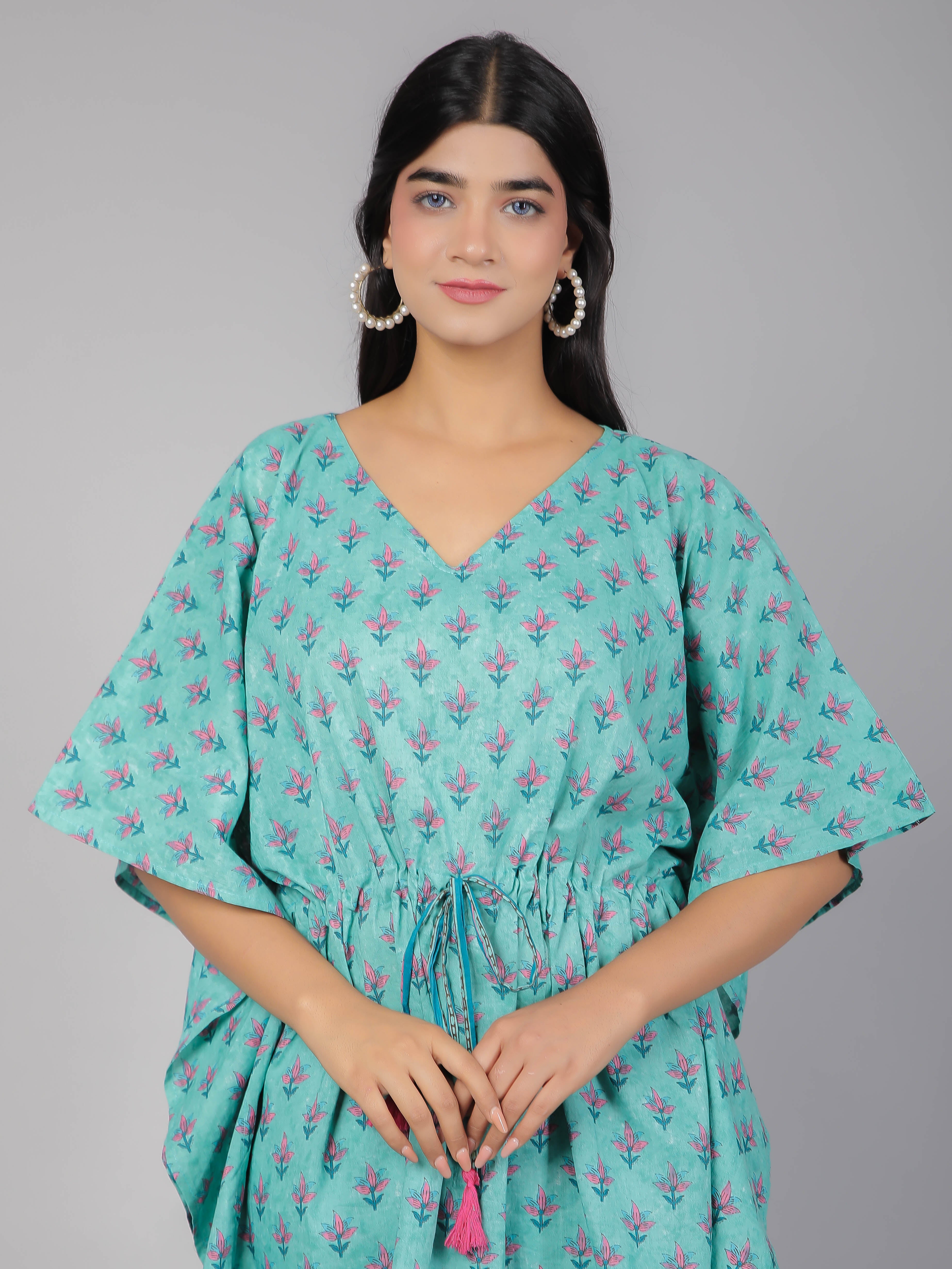 Pink Motifs on Teal Cotton Kaftan Top Pant Set