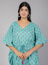 Pink Motifs on Teal Cotton Kaftan Top Pant Set